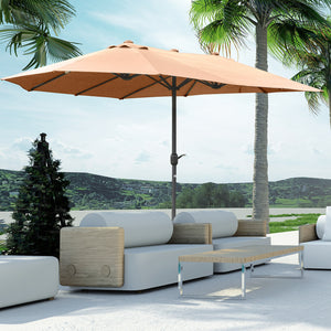 Outsunny Patio Umbrella 15' Steel Rectangular Outdoor Double Sided Market Umbrella with base, Sun Protection & Easy Crank for Deck Pool Patio, Coffee