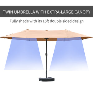 Outsunny Patio Umbrella 15' Steel Rectangular Outdoor Double Sided Market Umbrella with base, Sun Protection & Easy Crank for Deck Pool Patio, Coffee