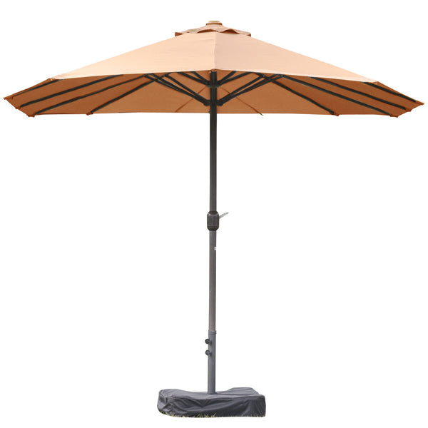 Outsunny Patio Umbrella 15' Steel Rectangular Outdoor Double Sided Market Umbrella with base, Sun Protection & Easy Crank for Deck Pool Patio, Coffee