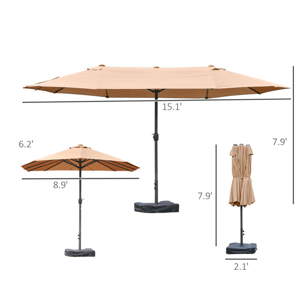 Outsunny Patio Umbrella 15' Steel Rectangular Outdoor Double Sided Market Umbrella with base, Sun Protection & Easy Crank for Deck Pool Patio, Coffee