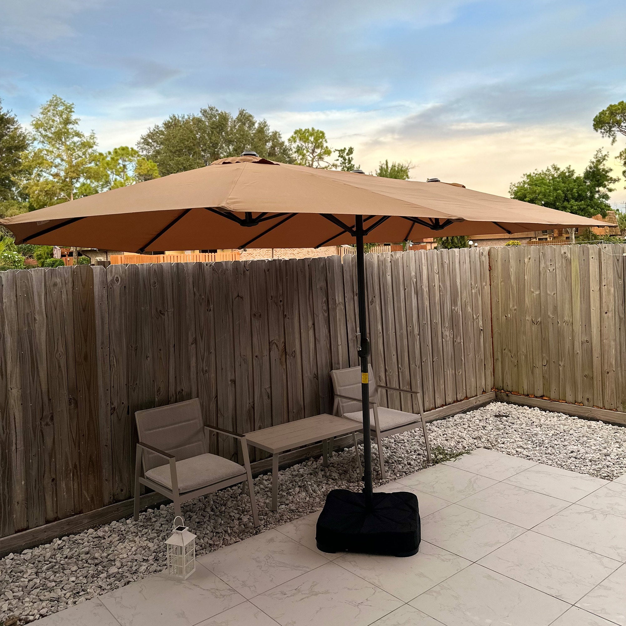 buy sun umbrella patio Outsunny 15ft Patio Umbrella with Base, Rectangular, Double-Canopy, UV-Blocking, Easy Crank, Coffee