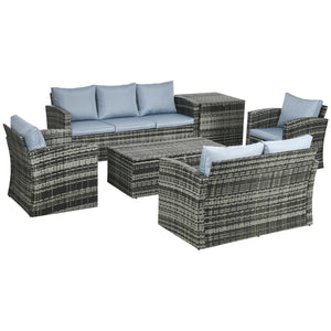 6 Pieces Rattan Garden Furniture Set, 7 Seater Wicker Outdoor Furniture Set with Storage Tea Table & Side Table, Sectional Garden Sofa Set with Cushions, Grey