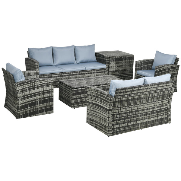 6 Pieces Rattan Garden Furniture Set, 7 Seater Wicker Outdoor Furniture Set with Storage Tea Table & Side Table, Sectional Garden Sofa Set with Cushions, Grey