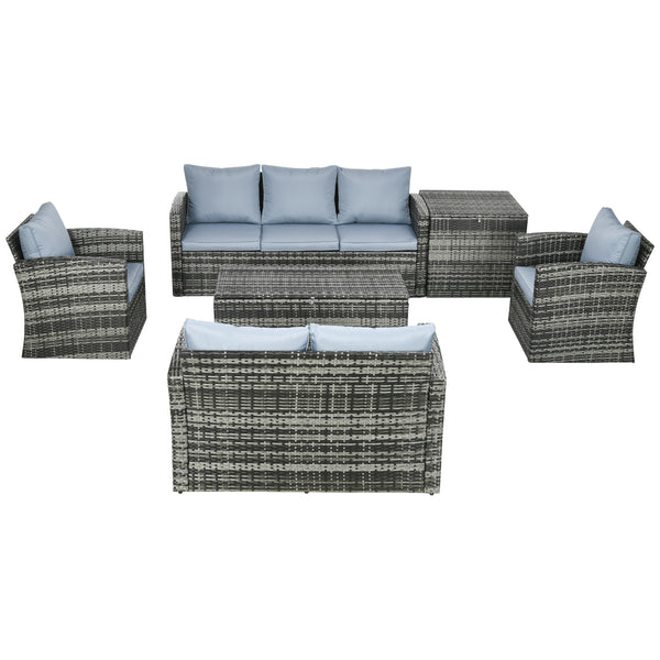 6 Pieces Rattan Garden Furniture Set, 7 Seater Wicker Outdoor Furniture Set with Storage Tea Table & Side Table, Sectional Garden Sofa Set with Cushions, Grey