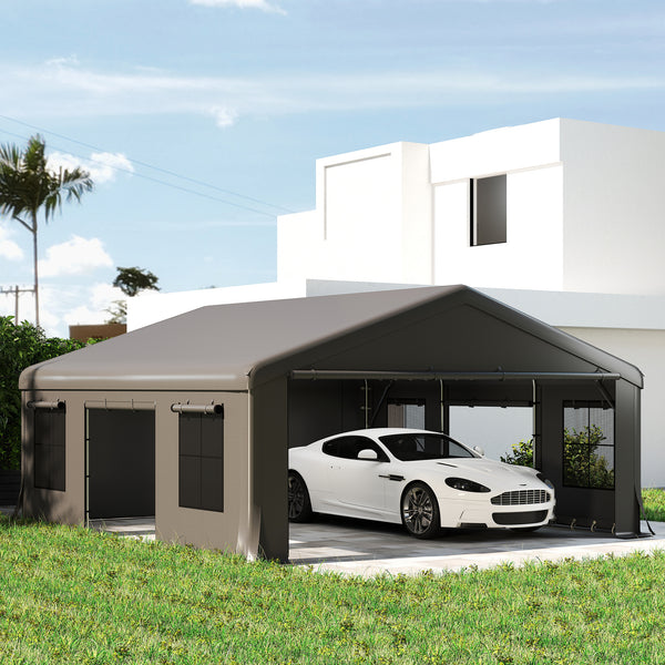 20' x 20' Heavy Duty Carport, Portable Garage Car Canopy Tent with Reinforced Galvanized Frame, 3 Roll-up Doors, 4 Mesh Windows for Cars, Trucks, Boats, Motorcycle, Bike, Dark Gray