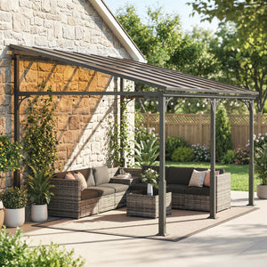 13' x 10' Lean to Gazebo, Hardtop Wall Mounted Outdoor Pergola with Polycarbonate Roof and Metal-Aluminium Frame, Heavy Duty Metal Pergola for Patio Deck Backyard, Brown