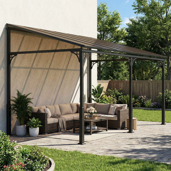 13' x 10' Lean to Gazebo, Hardtop Wall Mounted Outdoor Pergola with Polycarbonate Roof and Metal-Aluminium Frame, Heavy Duty Metal Pergola for Patio Deck Backyard, Brown