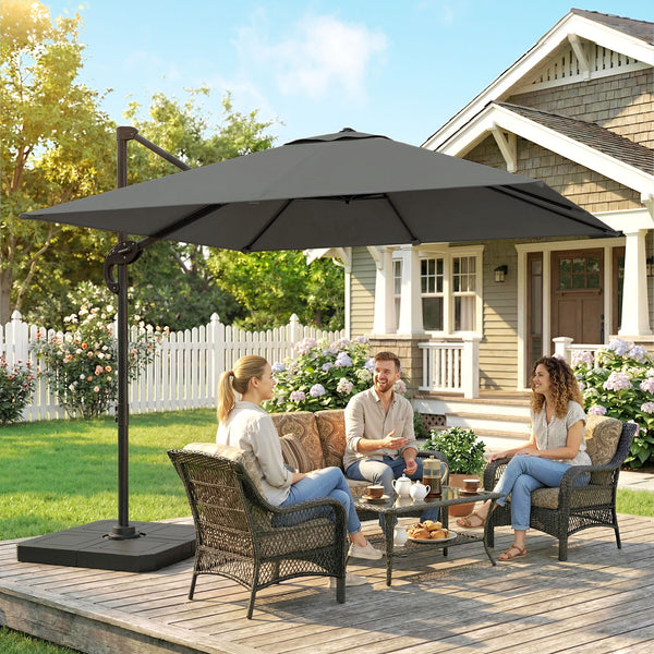 8' x 8' Offset Cantilever Patio Umbrella with Base Weights, UPF50+ Square Outdoor Cantilever Parasol with 360° Rotation, 5 Level Adjustable Tilt, Aluminum Pole, Dark Grey