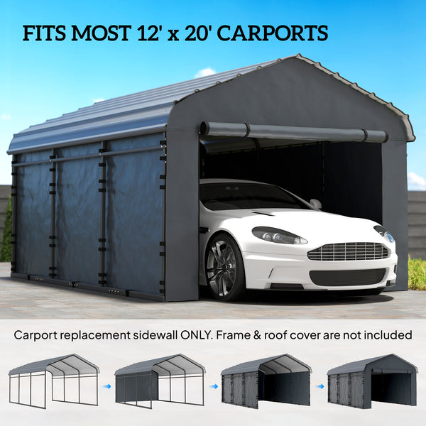 Carport Replacement Canopy Cover Sidewalls for 12' x 20' Carport, UPF50+ Waterproof PE Garage Car Tent Shelter Tarp with Roll up Door, Sidewall ONLY, Dark Grey