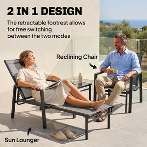 Sun Loungers Set of 2 with Retractable Footrest, 5-Position Adjustable Reclining Garden Lounger, Garden Chaise Lounge Sunbed Recliner Chair w/ Steel Frame for Beach, Porch, Patio, Dark Grey