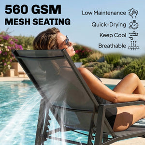 Sun Loungers Set of 2 with Retractable Footrest, 5-Position Adjustable Reclining Garden Lounger, Garden Chaise Lounge Sunbed Recliner Chair w/ Steel Frame for Beach, Porch, Patio, Dark Grey