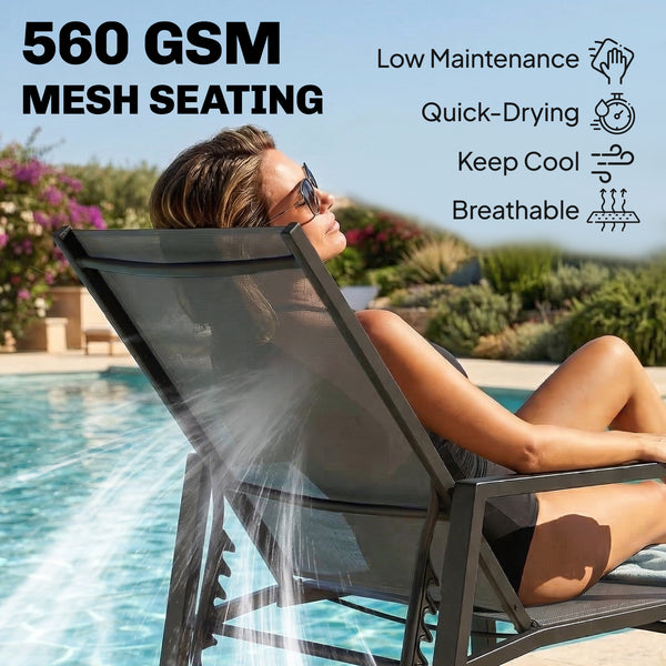 Sun Loungers Set of 2 with Retractable Footrest, 5-Position Adjustable Reclining Garden Lounger, Garden Chaise Lounge Sunbed Recliner Chair w/ Steel Frame for Beach, Porch, Patio, Dark Grey