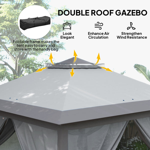 11' x 11' Pop Up Canopy, Double Roof Foldable Canopy Tent with Zipper Mesh Sidewalls, Height Adjustable and Carrying Bag, Event Tent for Patio Garden Backyard, Light Grey
