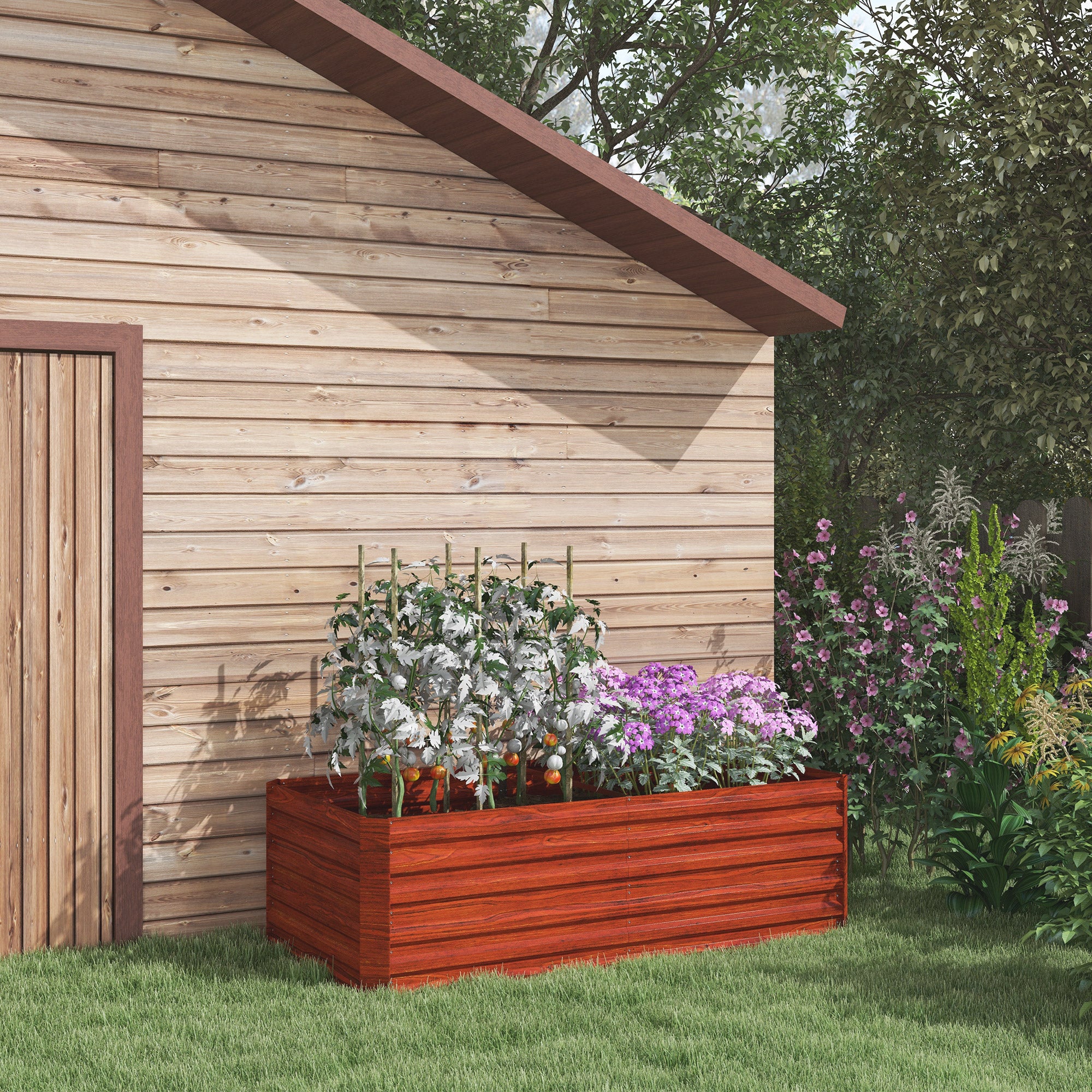 planter box against house Aosom Galvanized Raised Garden Bed, Steel Outdoor Planters with Reinforced Rods, 71" x 36" x 23", Dark Brown