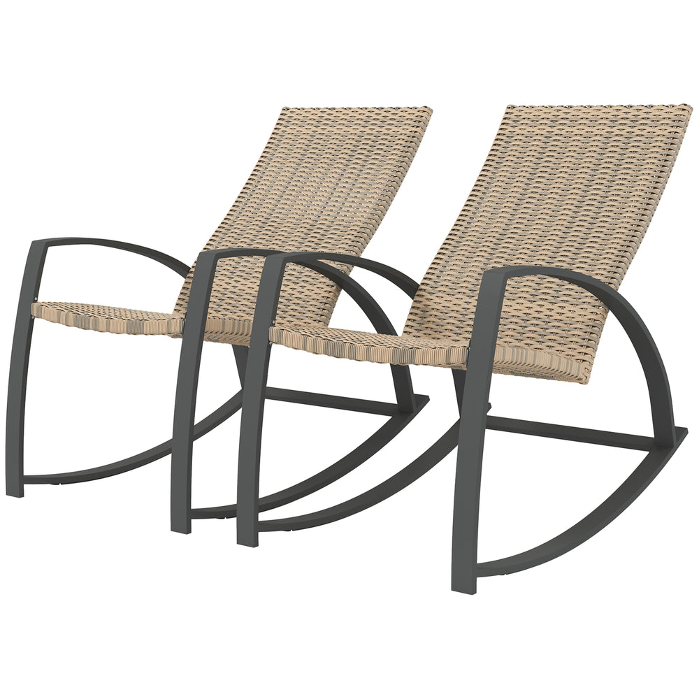 2 Pieces Wicker Outdoor Rocking Chair Set, PE Rattan Patio Rocking Chair Set with High Backrest, Armrests and Adjustable Foot Pads for Garden Backyard Porch, Khaki