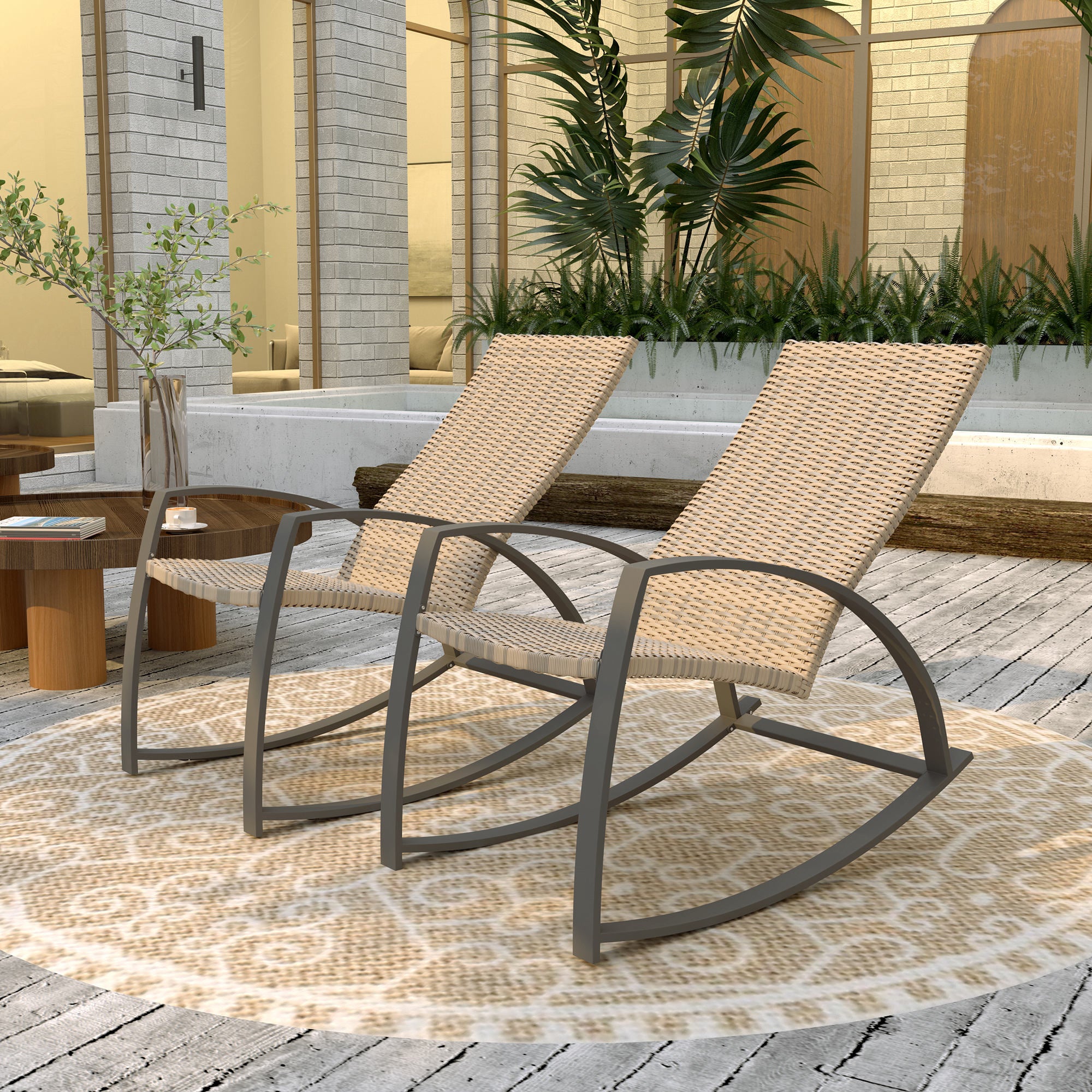 Outsunnny Pieces Wicker Outdoor Rocking Chair Set, PE Rattan
