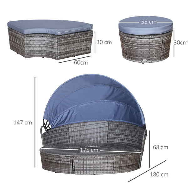 Outdoor PE Rattan Garden Furniture with Cushioned, Patio Wicker Conversation Furniture Set, Round Daybed with Retractable Canopy, Coffee Table and Three Pillows, Grey/Blue Grey