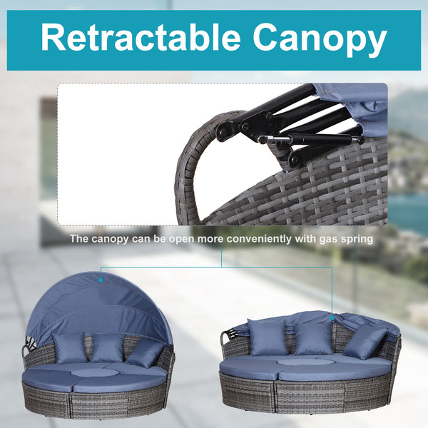 Outdoor PE Rattan Garden Furniture with Cushioned, Patio Wicker Conversation Furniture Set, Round Daybed with Retractable Canopy, Coffee Table and Three Pillows, Grey/Blue Grey