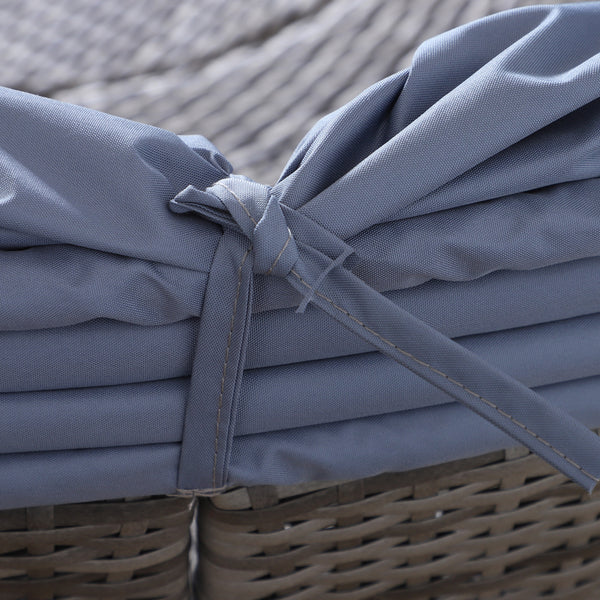 Outdoor PE Rattan Garden Furniture with Cushioned, Patio Wicker Conversation Furniture Set, Round Daybed with Retractable Canopy, Coffee Table and Three Pillows, Grey/Blue Grey