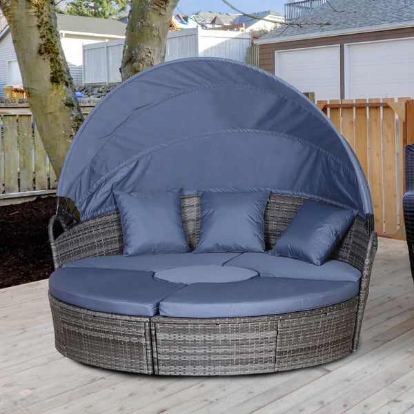 Outdoor PE Rattan Garden Furniture with Cushioned, Patio Wicker Conversation Furniture Set, Round Daybed with Retractable Canopy, Coffee Table and Three Pillows, Grey/Blue Grey