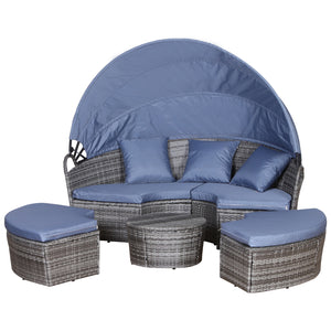 Outdoor PE Rattan Garden Furniture with Cushioned, Patio Wicker Conversation Furniture Set, Round Daybed with Retractable Canopy, Coffee Table and Three Pillows, Grey/Blue Grey