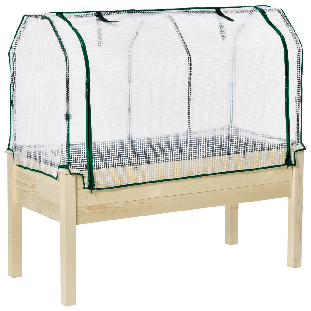 Raised Garden Bed with PE Greenhouse Cover, Outdoor Elevated Wood Planter Box for Herbs and Vegetables, Use for Patio, Garden, Balcony, 121 x 55 x 117cm, Nature Wood Finish