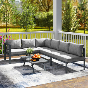 3 Pieces Garden Furniture Set, Aluminium Corner Lounge Set with Adjustable Backrest and Coffee Table, Outdoor Conversation Furniture with Cushions, Dark Grey