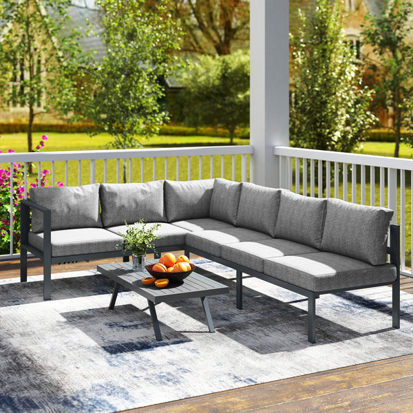 3 Pieces Garden Furniture Set, Aluminium Corner Lounge Set with Adjustable Backrest and Coffee Table, Outdoor Conversation Furniture with Cushions, Dark Grey