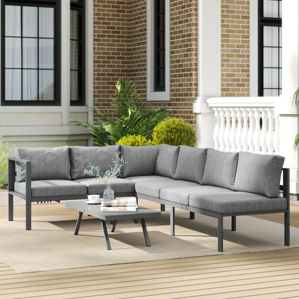 3 Pieces Garden Furniture Set, Aluminium Corner Lounge Set with Adjustable Backrest and Coffee Table, Outdoor Conversation Furniture with Cushions, Dark Grey