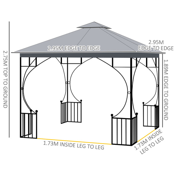 3 x 3m Garden Gazebo Patio Party Tent Shelter Outdoor Canopy Double Tier Sun Shade with Metal Frame and Netting, Light Grey