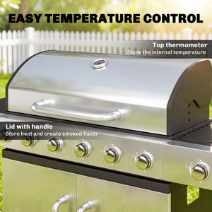 6 Burner Propane Gas Grill with Side Burner, 63,000 BTU Stainless Steel Barbecue Grill with Cast Iron Grates, Wheels, Warming Rack, Side Tables, Cabinet for Outdoor Kitchen, Backyard Barbecue