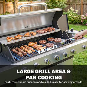 6 Burner Propane Gas Grill with Side Burner, 63,000 BTU Stainless Steel Barbecue Grill with Cast Iron Grates, Wheels, Warming Rack, Side Tables, Cabinet for Outdoor Kitchen, Backyard Barbecue