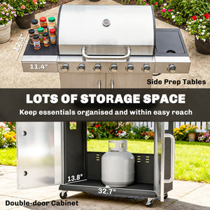 6 Burner Propane Gas Grill with Side Burner, 63,000 BTU Stainless Steel Barbecue Grill with Cast Iron Grates, Wheels, Warming Rack, Side Tables, Cabinet for Outdoor Kitchen, Backyard Barbecue