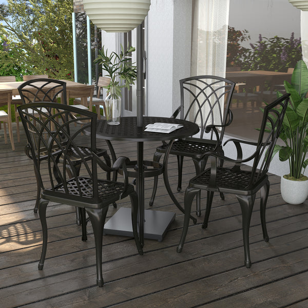 5 Pieces Garden Dining Set for 4, Cast Aluminium Outdoor Dining Set with 4 Armchairs and Round Dining Table with Parasol Hole, Garden Furniture Set, Brown