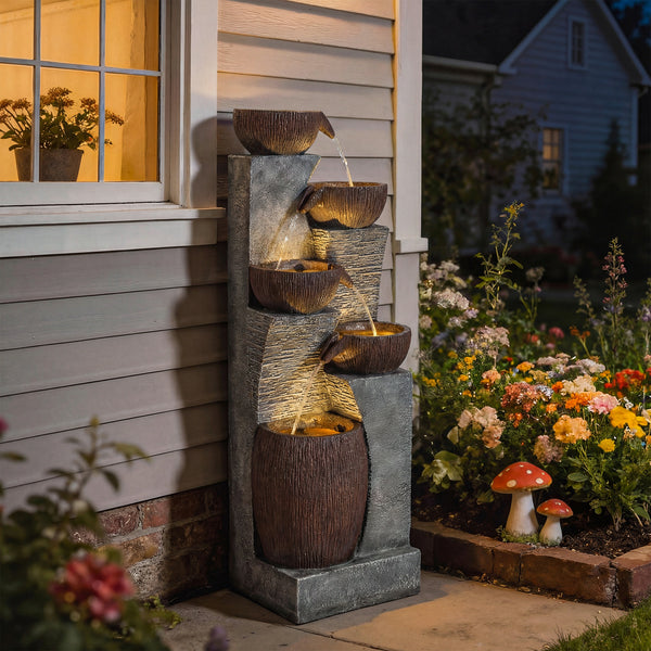 Outdoor Water Fountain with 5-Tier Crock Design, 51.2" Tall Cascading Waterfall Garden Fountain with LED Lights and Adjustable Flow, Rustic Decor for Patio, Backyard, Gray and Rustic Brown