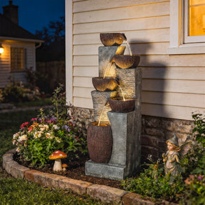 Outdoor Water Fountain with 5-Tier Crock Design, 51.2" Tall Cascading Waterfall Garden Fountain with LED Lights and Adjustable Flow, Rustic Decor for Patio, Backyard, Gray and Rustic Brown