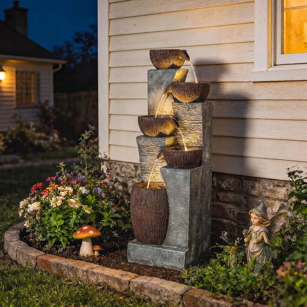 Outdoor Water Fountain with 5-Tier Crock Design, 51.2" Tall Cascading Waterfall Garden Fountain with LED Lights and Adjustable Flow, Rustic Decor for Patio, Backyard, Gray and Rustic Brown