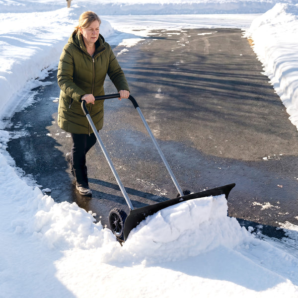 Snow Shovel with Wheels, 37-Inch Extra Wide Heavy Duty Aluminum Snow Pusher with Ergonomic Adjustable Handle, Angled Blade, Non-Slip Grip for Driveway, Sidewalks, Black