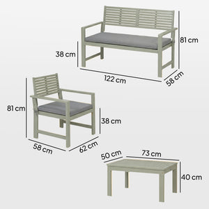4 Seater Wooden Garden Furniture Set with Loveseat, 2 Armchairs, Wood-Top Table, Acacia Wood Garden Sofa Set with Cushions, Outdoor Furniture Conversation Sets, Light Grey