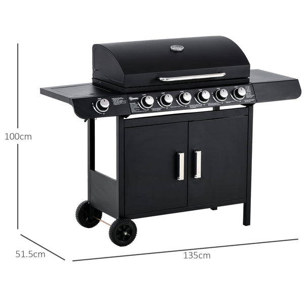 6+1 Burner Gas BBQ Grill, Outdoor Barbecue Trolley with Wheels, Warming Rack, Side Shelves, Cabinet, Thermometer for Garden, Party, Camping, 135 x 51.5 x 100cm, Black