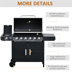 6+1 Burner Gas BBQ Grill, Outdoor Barbecue Trolley with Wheels, Warming Rack, Side Shelves, Cabinet, Thermometer for Garden, Party, Camping, 135 x 51.5 x 100cm, Black