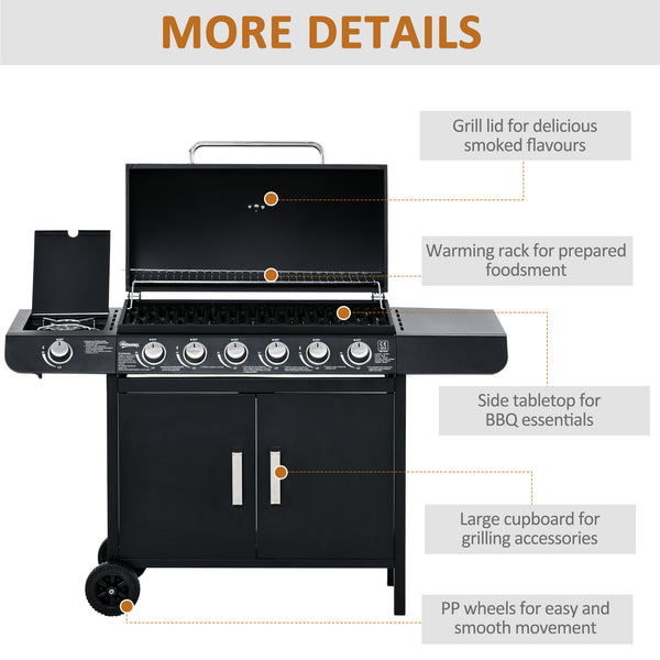 6+1 Burner Gas BBQ Grill, Outdoor Barbecue Trolley with Wheels, Warming Rack, Side Shelves, Cabinet, Thermometer for Garden, Party, Camping, 135 x 51.5 x 100cm, Black