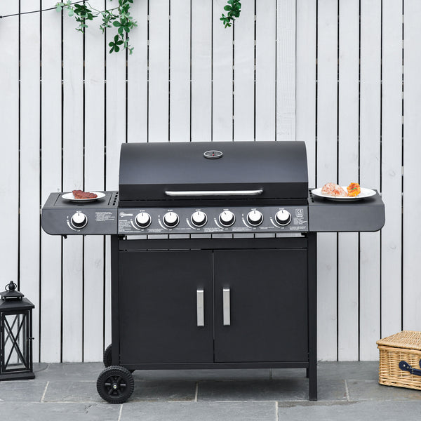 6+1 Burner Gas BBQ Grill, Outdoor Barbecue Trolley with Wheels, Warming Rack, Side Shelves, Cabinet, Thermometer for Garden, Party, Camping, 135 x 51.5 x 100cm, Black