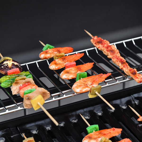 6+1 Burner Gas BBQ Grill, Outdoor Barbecue Trolley with Wheels, Warming Rack, Side Shelves, Cabinet, Thermometer for Garden, Party, Camping, 135 x 51.5 x 100cm, Black