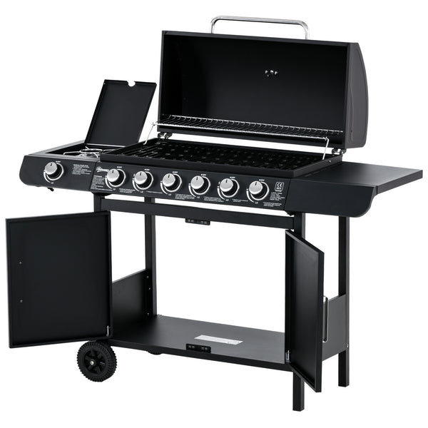 6+1 Burner Gas BBQ Grill, Outdoor Barbecue Trolley with Wheels, Warming Rack, Side Shelves, Cabinet, Thermometer for Garden, Party, Camping, 135 x 51.5 x 100cm, Black