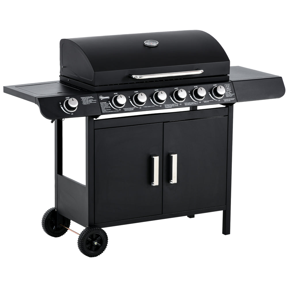 6+1 Burner Gas BBQ Grill, Outdoor Barbecue Trolley with Wheels, Warming Rack, Side Shelves, Cabinet, Thermometer for Garden, Party, Camping, 135 x 51.5 x 100cm, Black