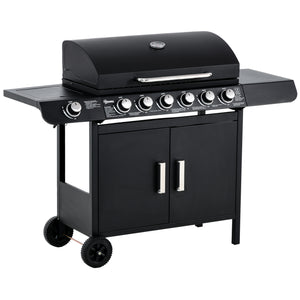 6+1 Burner Gas BBQ Grill, Outdoor Barbecue Trolley with Wheels, Warming Rack, Side Shelves, Cabinet, Thermometer for Garden, Party, Camping, 135 x 51.5 x 100cm, Black