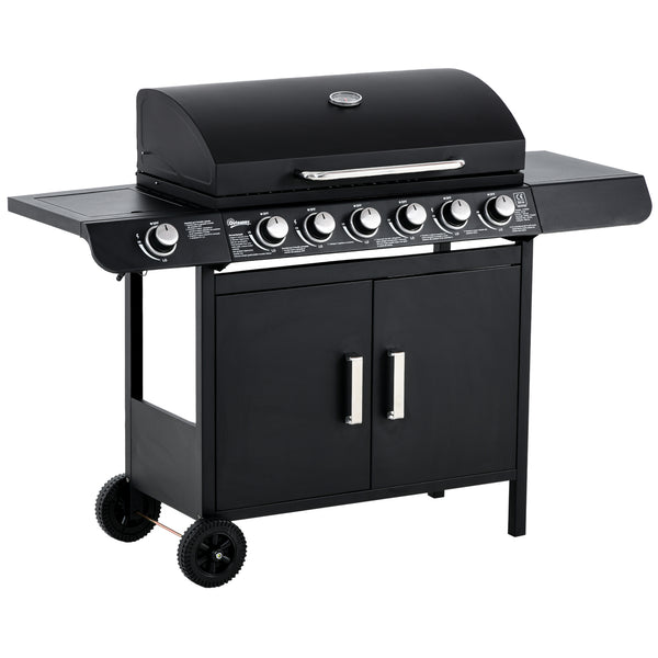 6+1 Burner Gas BBQ Grill, Outdoor Barbecue Trolley with Wheels, Warming Rack, Side Shelves, Cabinet, Thermometer for Garden, Party, Camping, 135 x 51.5 x 100cm, Black