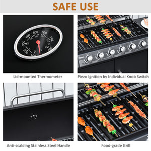 6+1 Burner Gas BBQ Grill, Outdoor Barbecue Trolley with Wheels, Warming Rack, Side Shelves, Cabinet, Thermometer for Garden, Party, Camping, 135 x 51.5 x 100cm, Black