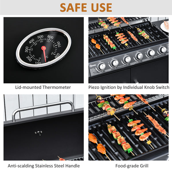 6+1 Burner Gas BBQ Grill, Outdoor Barbecue Trolley with Wheels, Warming Rack, Side Shelves, Cabinet, Thermometer for Garden, Party, Camping, 135 x 51.5 x 100cm, Black